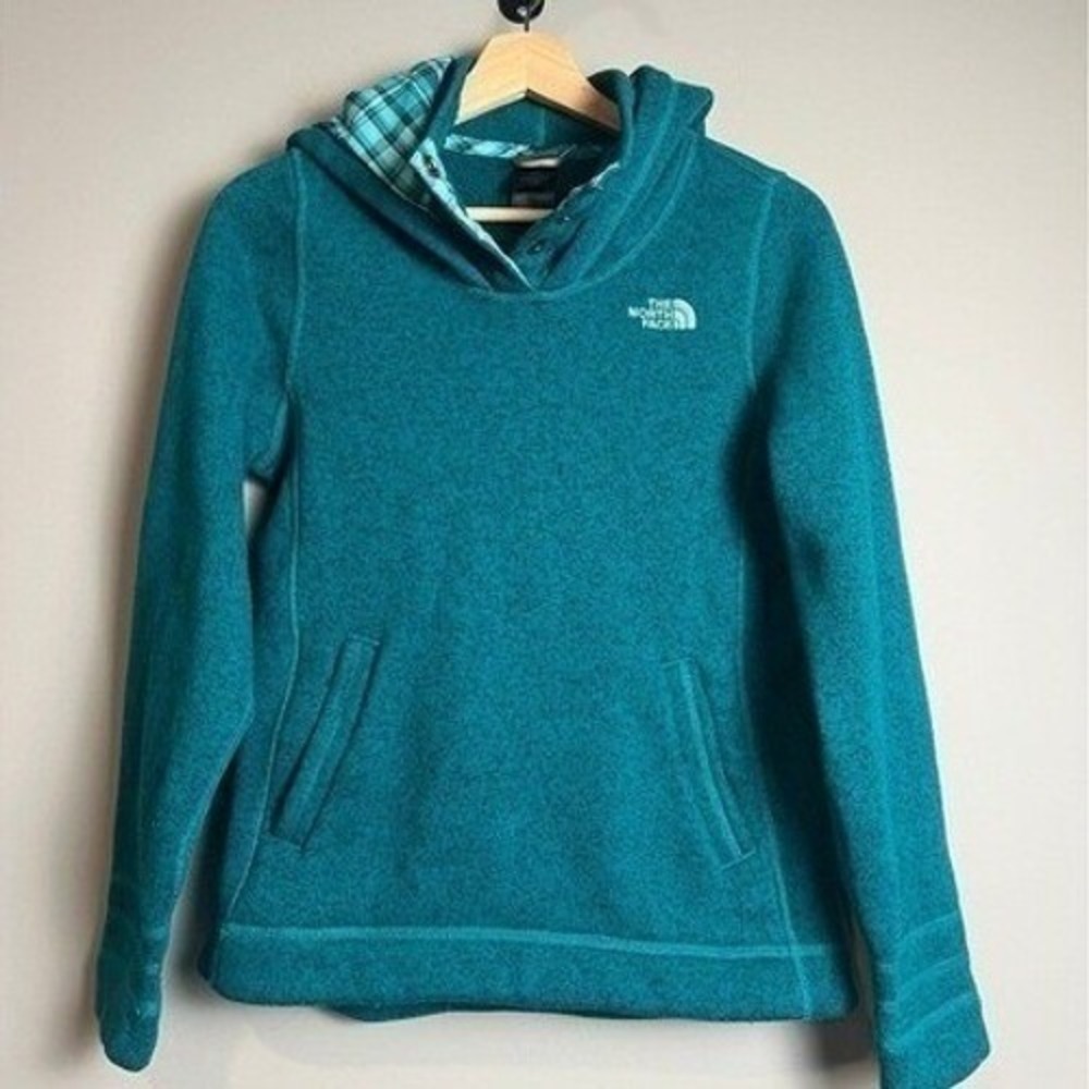 The North Face Hoodie Womens S Teal Fleece Plaid Lined Snap Neck Pullover